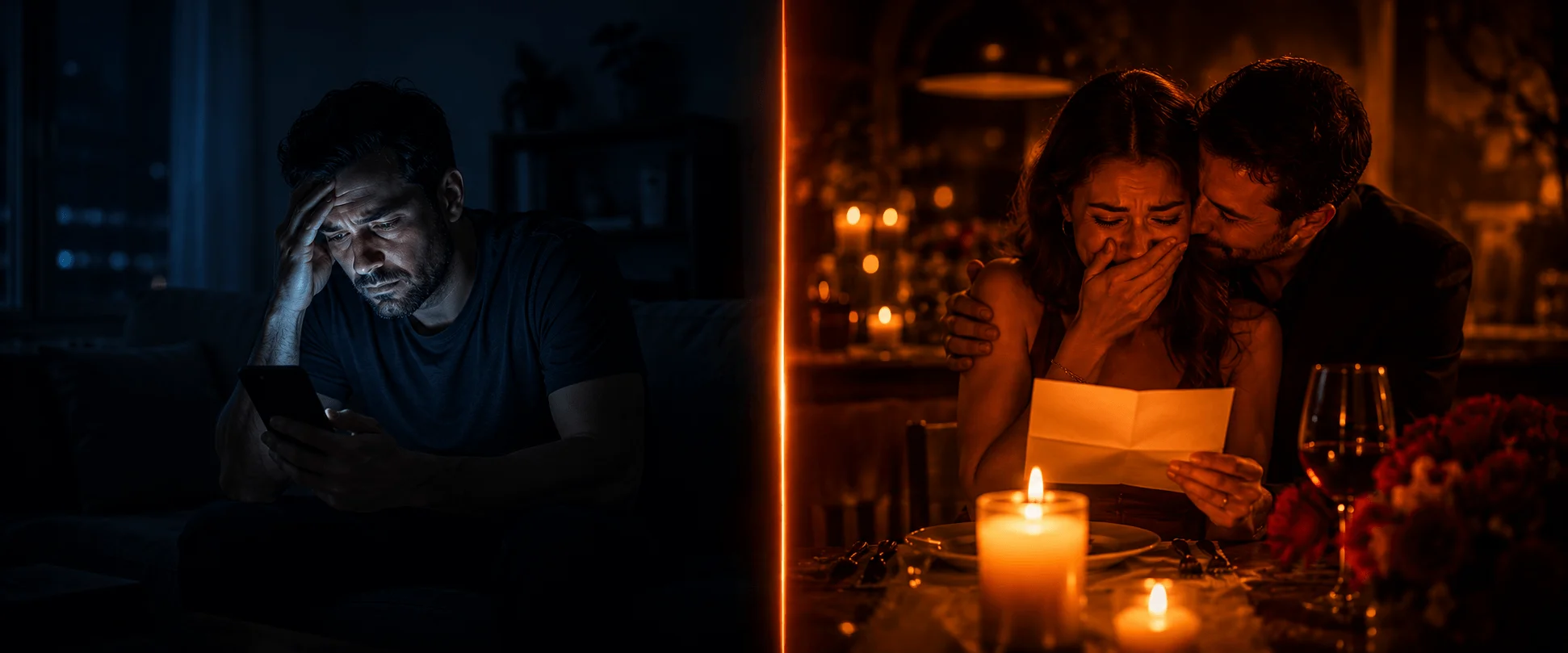 Situação A sozinho vs Situação B casal emocionado